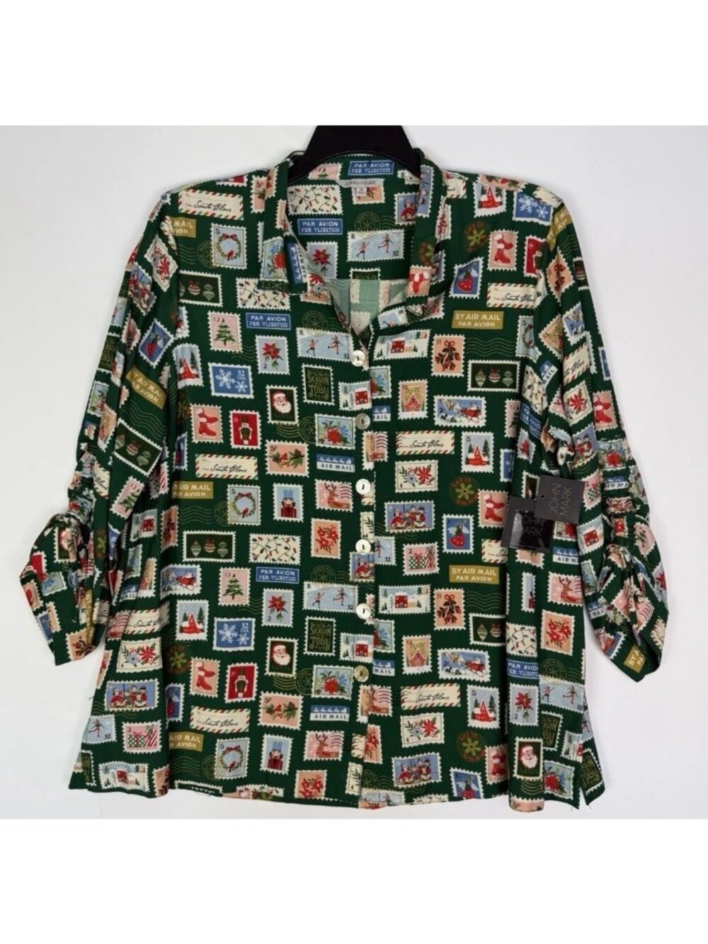 John Mark 1X Christmas Postage Stamp Print Button Up Shirt Novelty Collage NEW